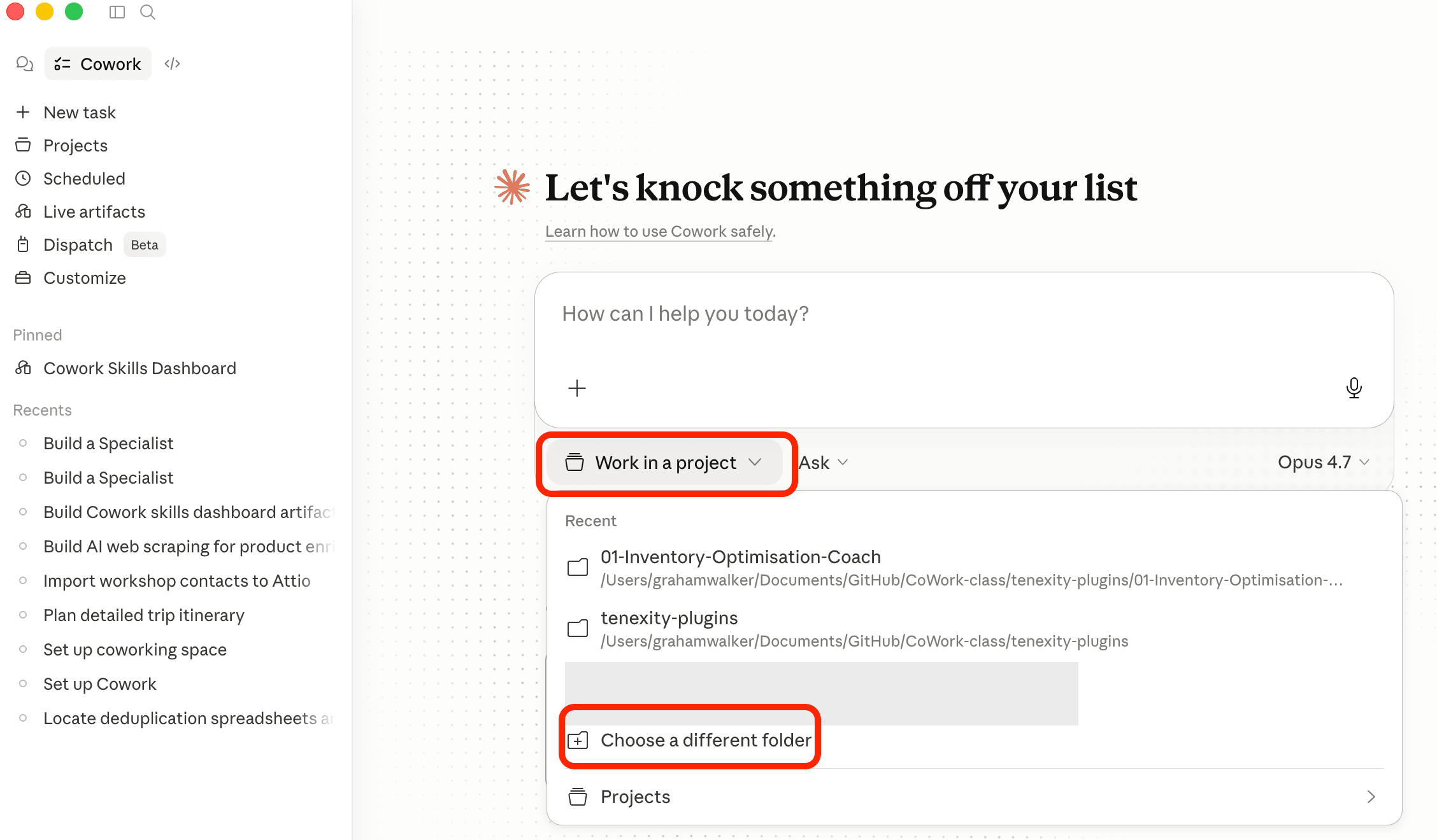 CoWork showing the Work in a project folder selection