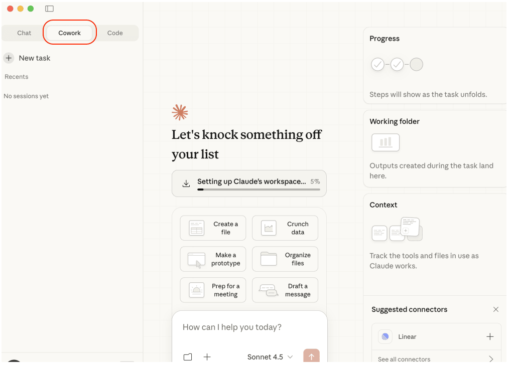 The Claude desktop app showing the CoWork tab at the top left