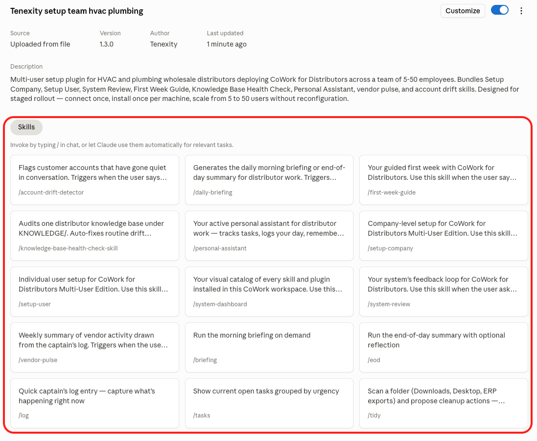 The bundled Tenexity setup skills listed under the Skills section