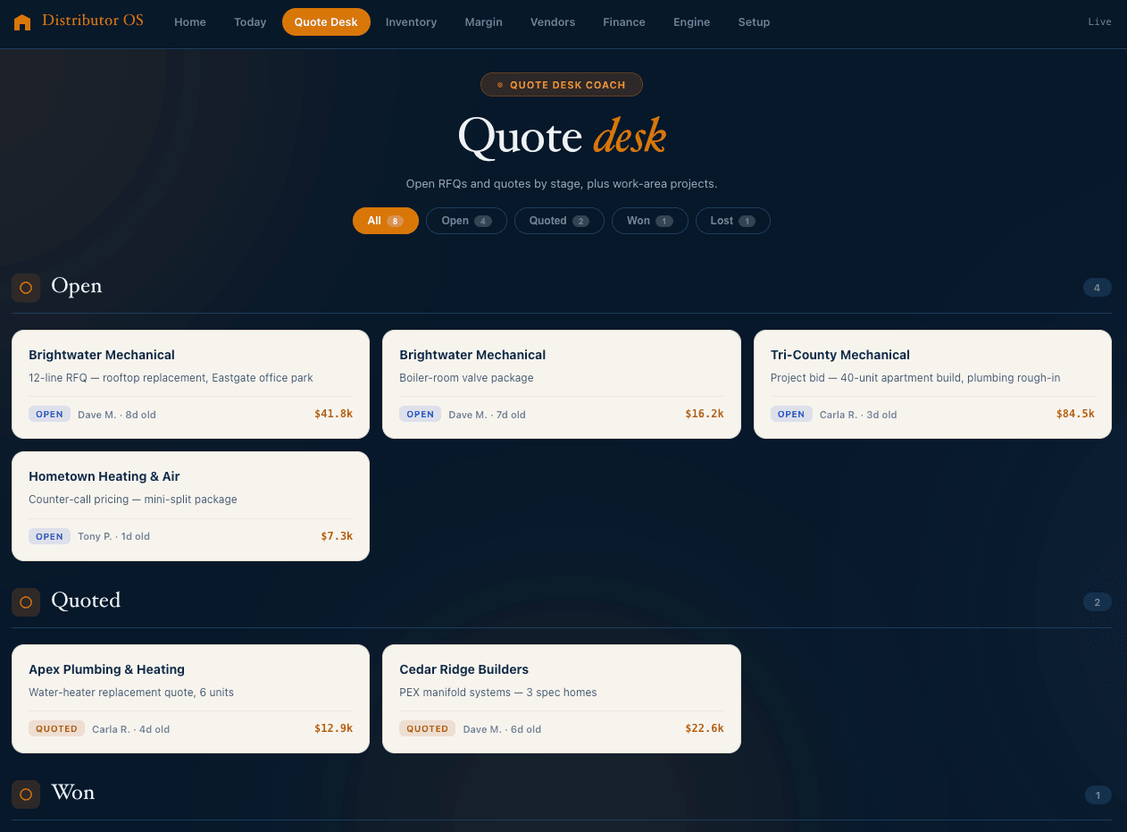 Distributor OS — Quote Desk tab
