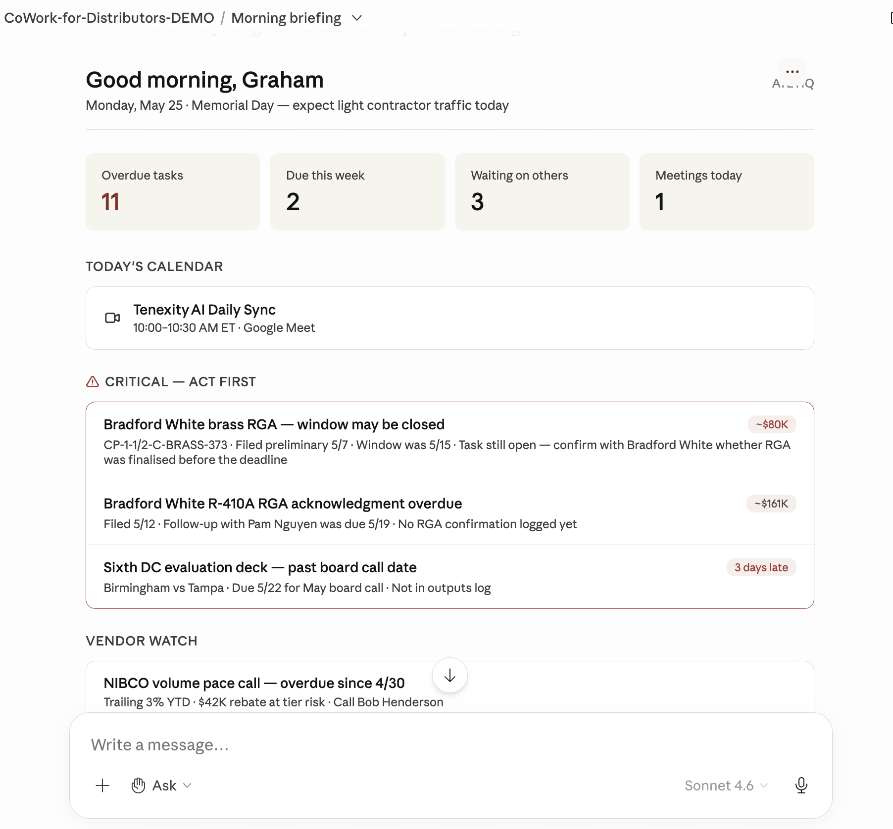 The Morning Briefing — a one-screen scan of the day ahead
