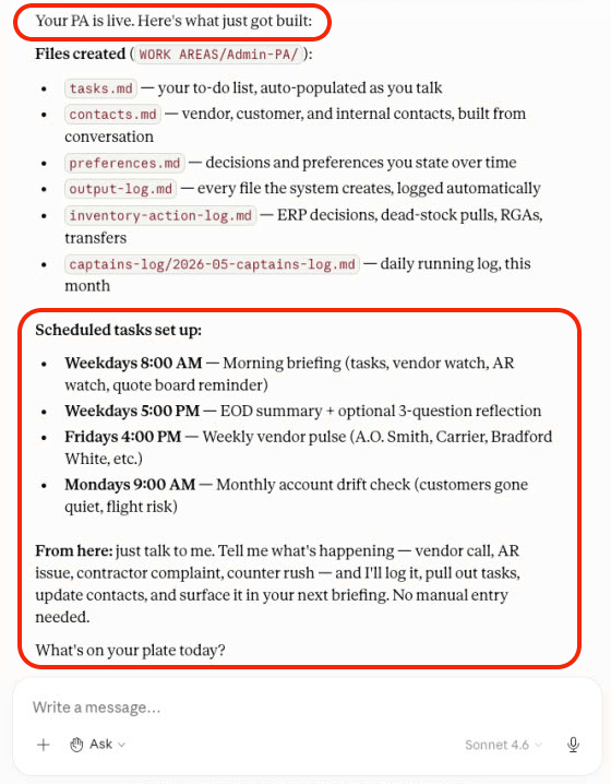 The Personal Assistant capturing a vendor call into structured records