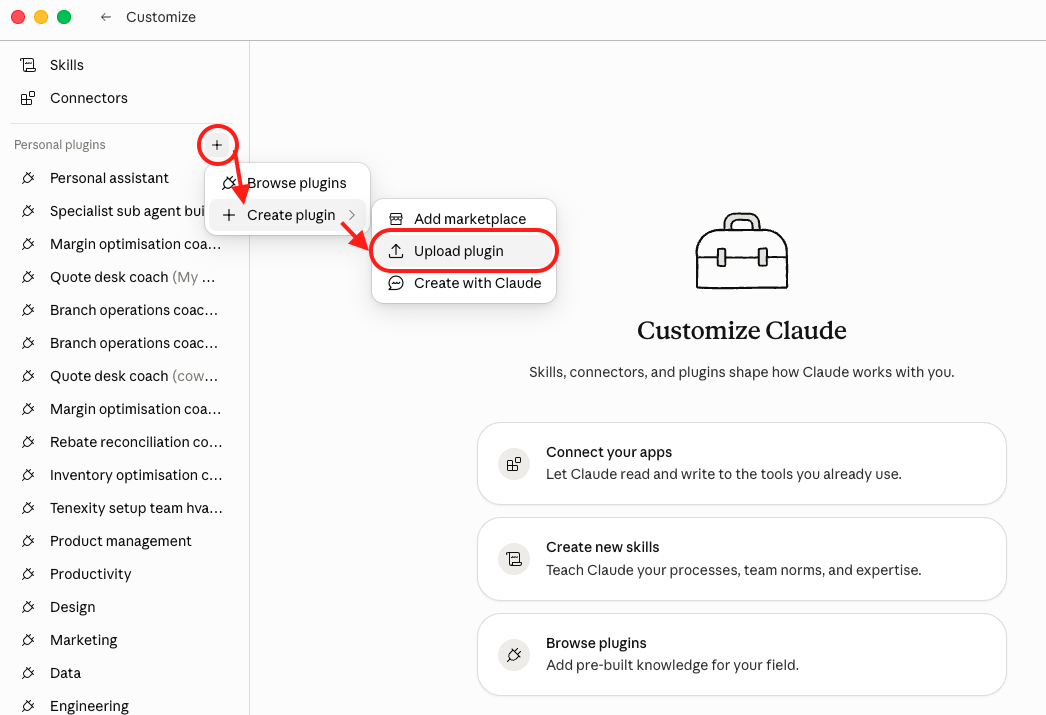 The plus menu next to Personal plugins with Upload Plugin selected