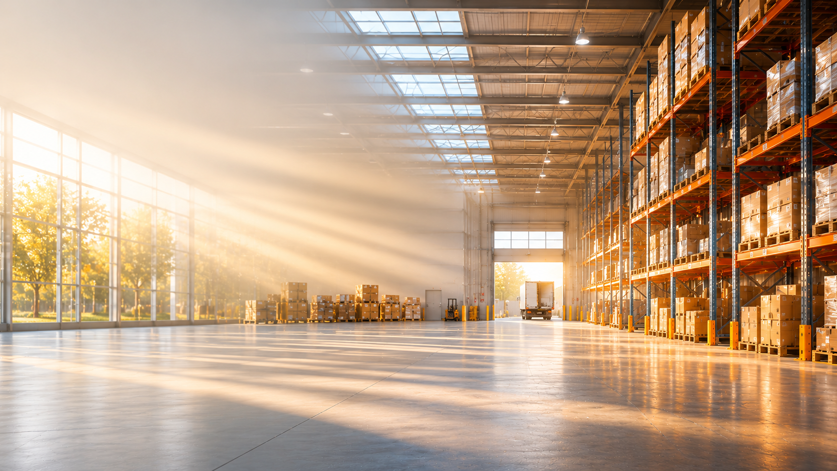 Sunlit distribution warehouse with loaded racking