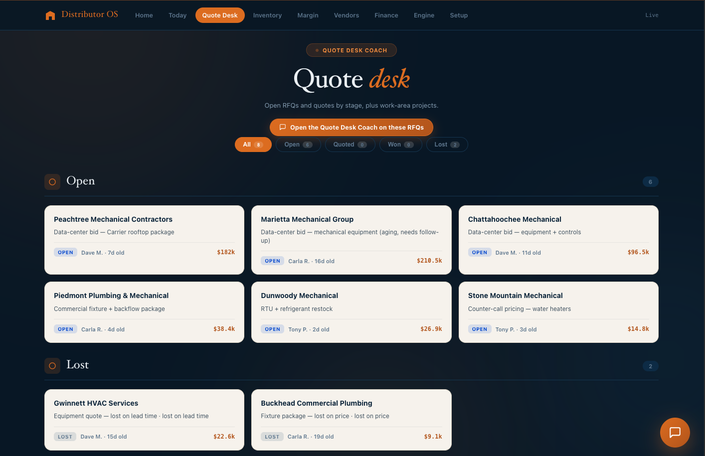 Quote Desk: open RFQs and quotes by stage, with deal values and owners